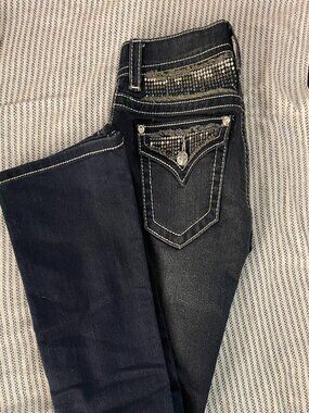 Miss Me Signature Rise Bootcut Embellished Jeans Rhinestone Flap Pocket